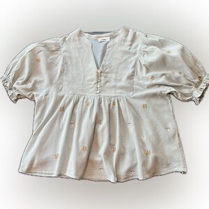 In Loom Flowy Pale Blue Puff Sleeve Floral Embroidery Peasant Top Buttons Size L